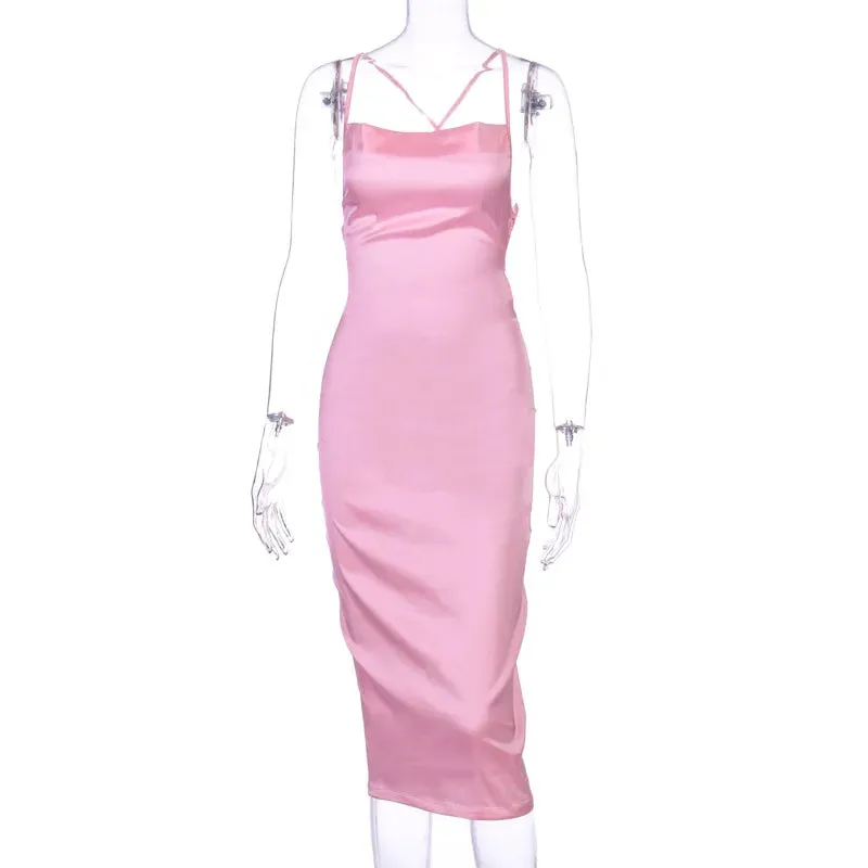 Asia Satin Long Elegant Party Night Sexy Backless Lace-up Slim Fit Bodycon Dress