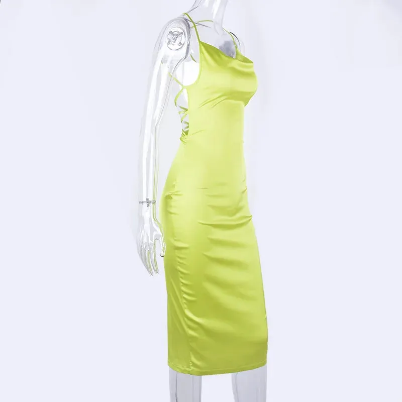 Asia Satin Long Elegant Party Night Sexy Backless Lace-up Slim Fit Bodycon Dress