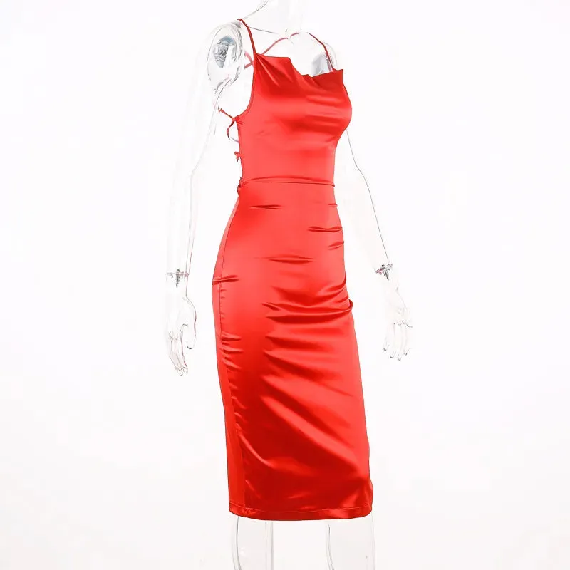 Asia Satin Long Elegant Party Night Sexy Backless Lace-up Slim Fit Bodycon Dress