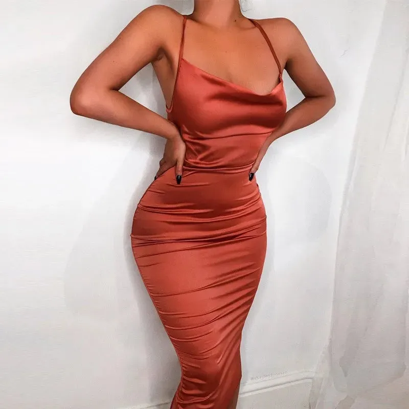 Asia Satin Long Elegant Party Night Sexy Backless Lace-up Slim Fit Bodycon Dress