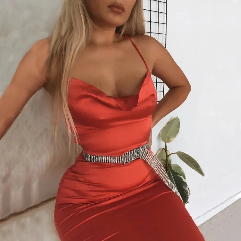 Asia Satin Long Elegant Party Night Sexy Backless Lace-up Slim Fit Bodycon Dress