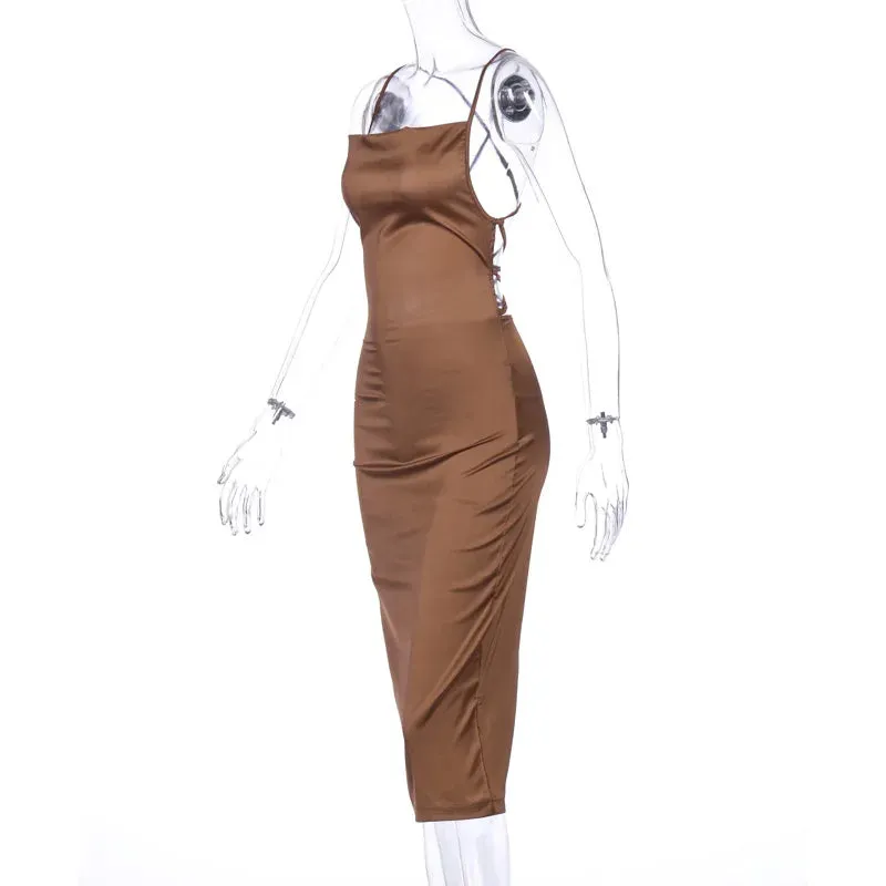 Asia Satin Long Elegant Party Night Sexy Backless Lace-up Slim Fit Bodycon Dress