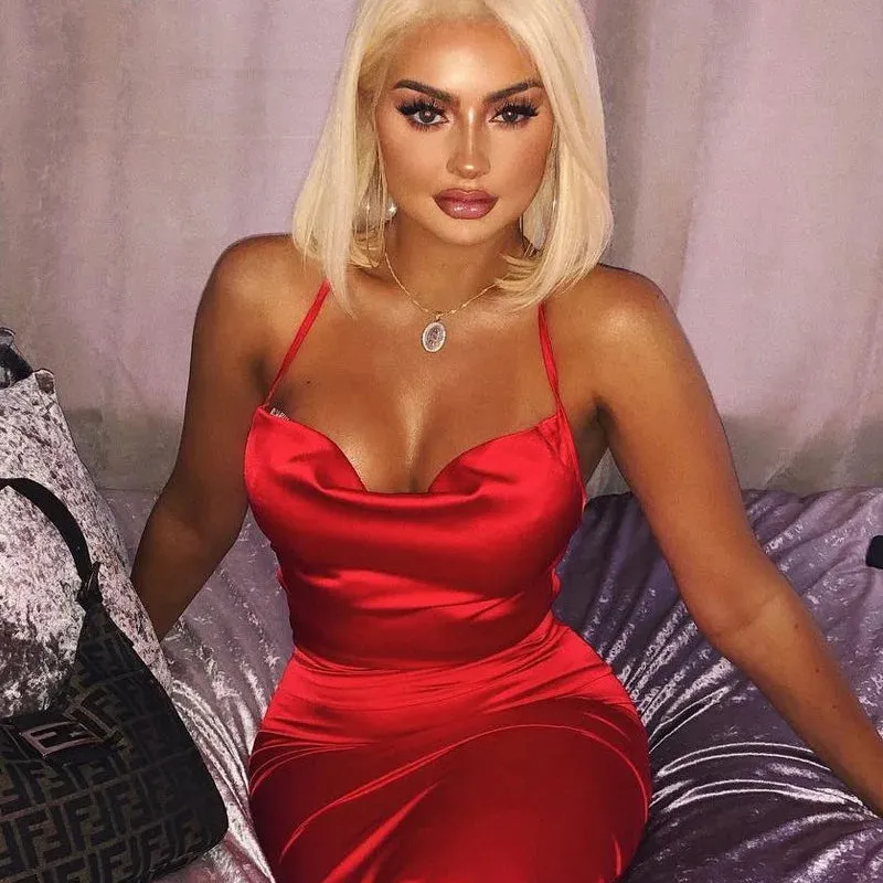 Asia Satin Long Elegant Party Night Sexy Backless Lace-up Slim Fit Bodycon Dress