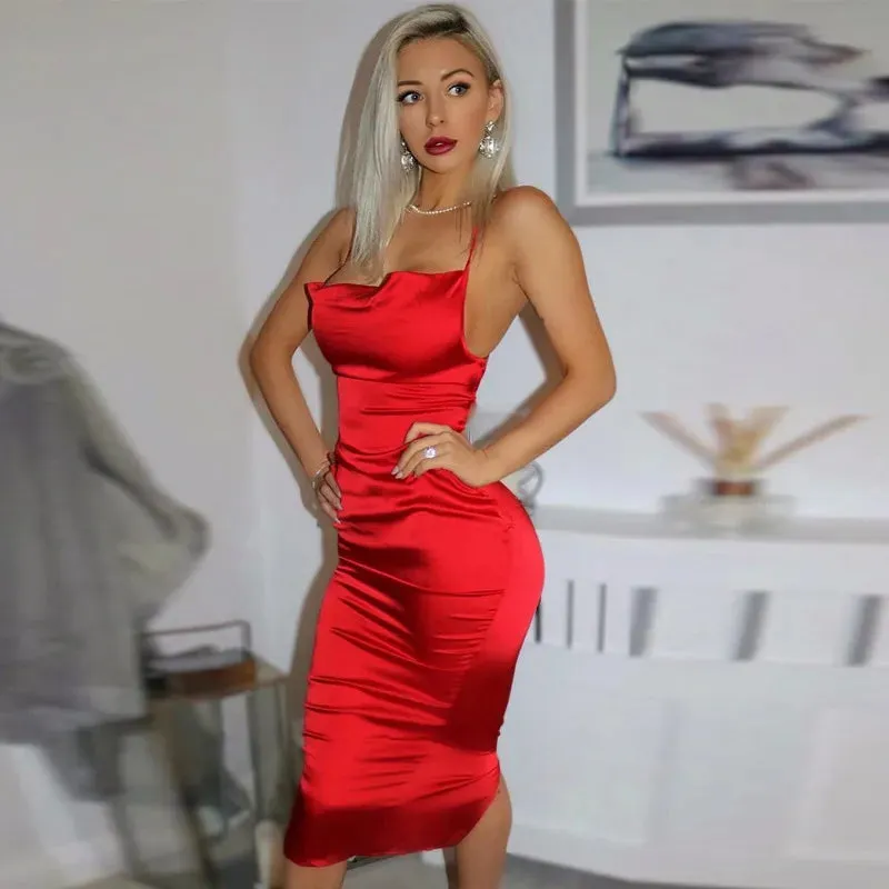 Asia Satin Long Elegant Party Night Sexy Backless Lace-up Slim Fit Bodycon Dress