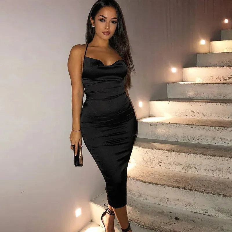 Asia Satin Long Elegant Party Night Sexy Backless Lace-up Slim Fit Bodycon Dress