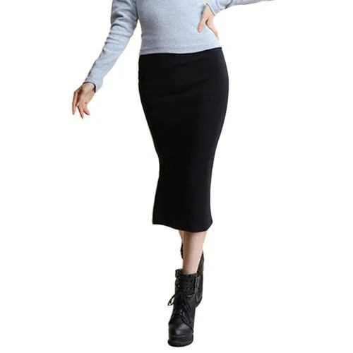 Autumn Skirts Sexy Chic Pencil Skirt Women Office Mid Waist Mid-Calf Solid Skirt Casual Slim Hip Placketing Lady Skirts