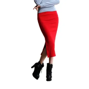 Autumn Skirts Sexy Chic Pencil Skirt Women Office Mid Waist Mid-Calf Solid Skirt Casual Slim Hip Placketing Lady Skirts