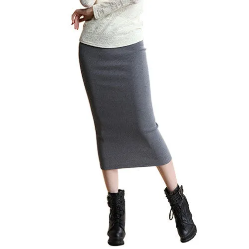 Autumn Skirts Sexy Chic Pencil Skirt Women Office Mid Waist Mid-Calf Solid Skirt Casual Slim Hip Placketing Lady Skirts