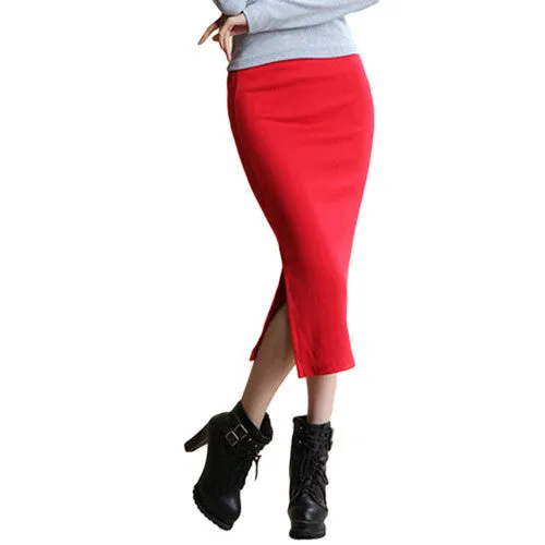 Autumn Skirts Sexy Chic Pencil Skirt Women Office Mid Waist Mid-Calf Solid Skirt Casual Slim Hip Placketing Lady Skirts