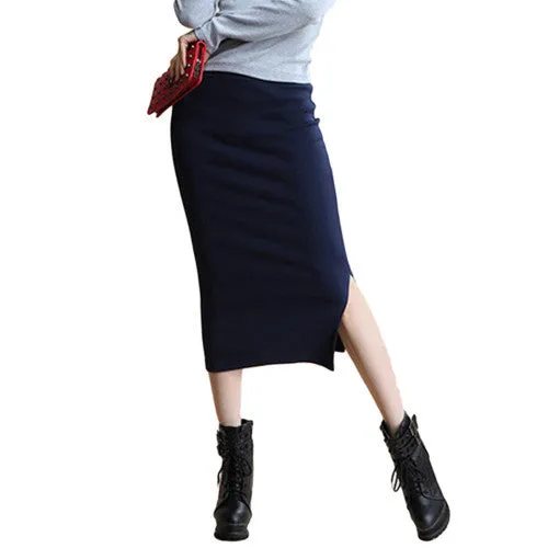 Autumn Skirts Sexy Chic Pencil Skirt Women Office Mid Waist Mid-Calf Solid Skirt Casual Slim Hip Placketing Lady Skirts