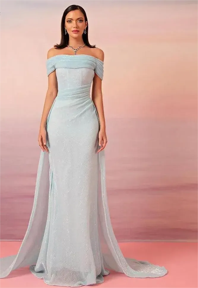 Baby Blue Saudi Arabic Prom Dresses Off The Shoulder Formal Evening Gowns Floor Length Dubai Women Party Dresses