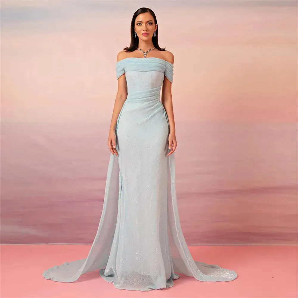Baby Blue Saudi Arabic Prom Dresses Off The Shoulder Formal Evening Gowns Floor Length Dubai Women Party Dresses