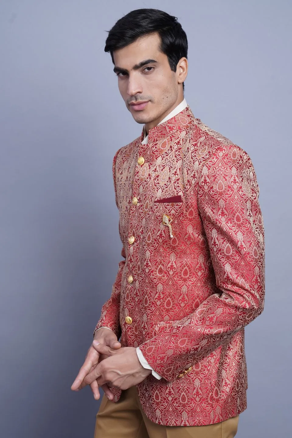 Banarasi Rayon Cotton Red Bandhgala