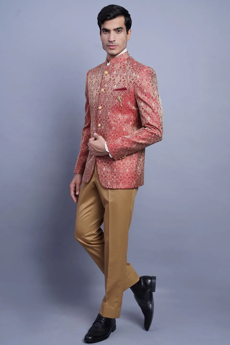 Banarasi Rayon Cotton Red Bandhgala