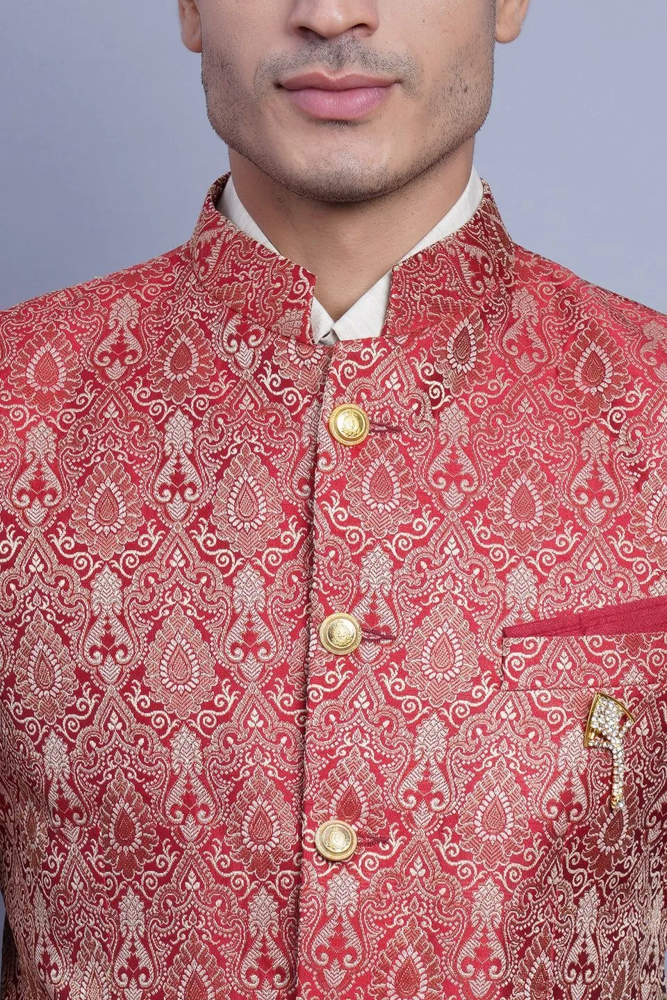 Banarasi Rayon Cotton Red Bandhgala