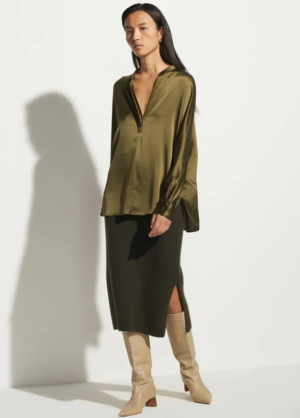 Band Collar Silk Blouse - Olive Erba