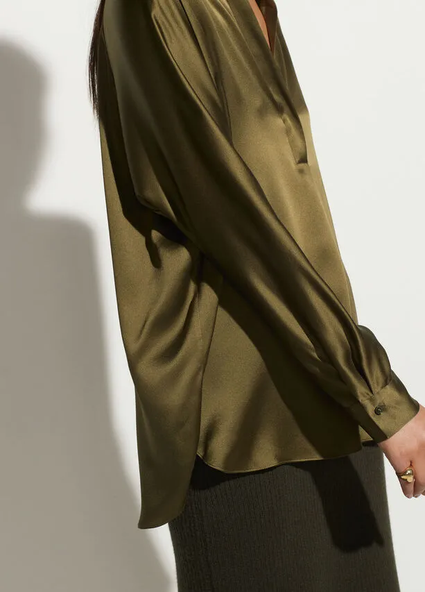 Band Collar Silk Blouse - Olive Erba