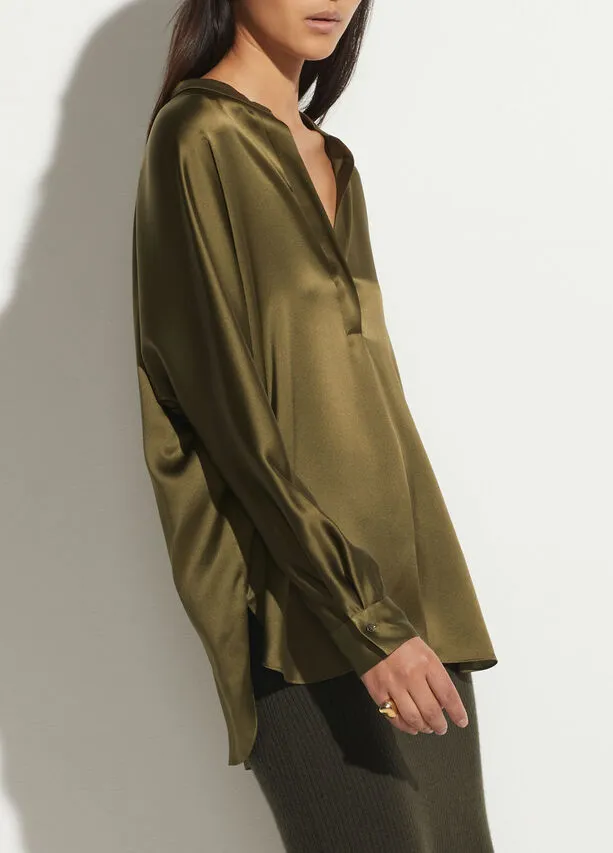 Band Collar Silk Blouse - Olive Erba
