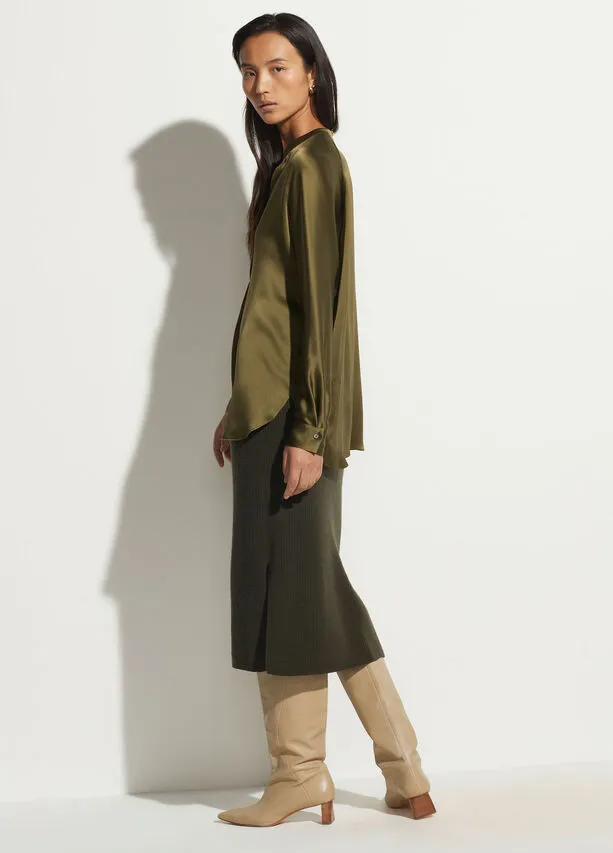 Band Collar Silk Blouse - Olive Erba