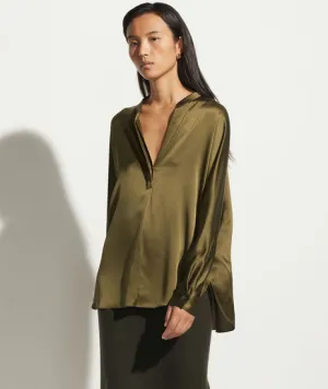 Band Collar Silk Blouse - Olive Erba