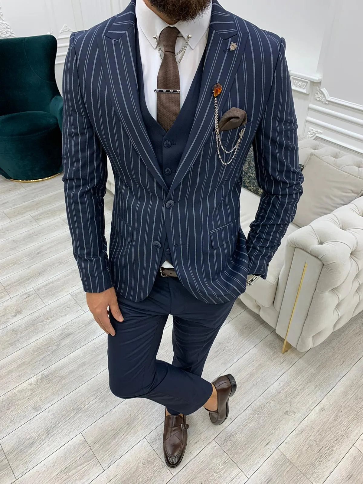 Barrua Navy Blue Slim Fit Peak Lapel Striped Suit - Sophisticated Elegance