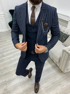 Barrua Navy Blue Slim Fit Peak Lapel Striped Suit - Sophisticated Elegance