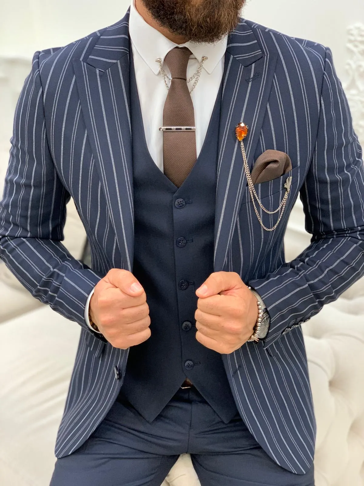 Barrua Navy Blue Slim Fit Peak Lapel Striped Suit - Sophisticated Elegance