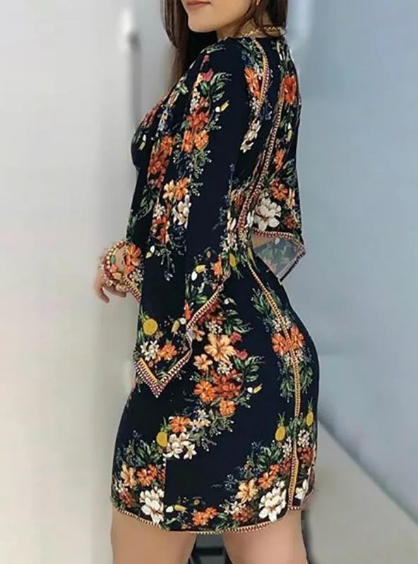 BerryBetty - Long Sleeve Floral Print Deep V Dress