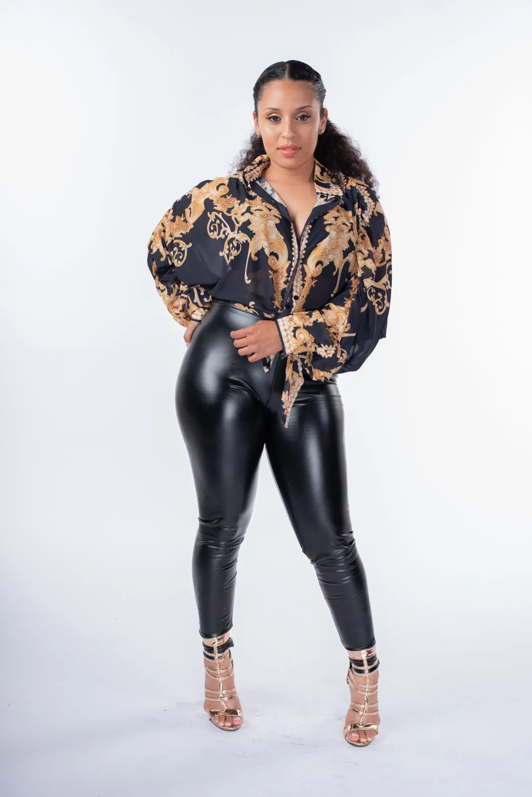 Black and Gold Button Up Blouse