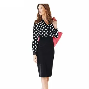 Black  Polka Dot V Neck Long Sleeve Pencil Midi Dress