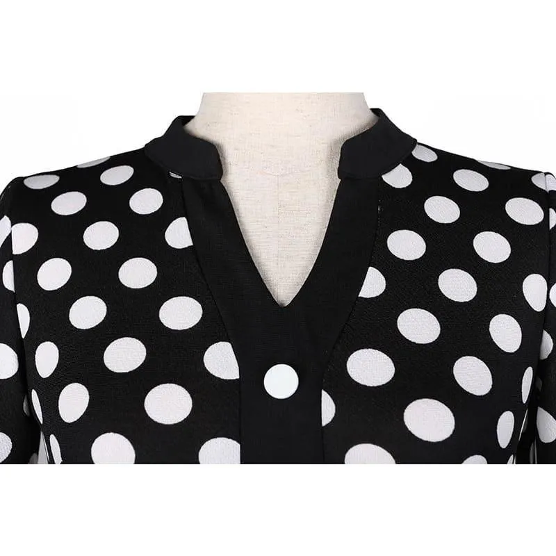 Black  Polka Dot V Neck Long Sleeve Pencil Midi Dress