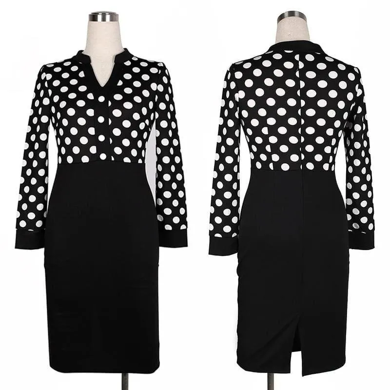 Black  Polka Dot V Neck Long Sleeve Pencil Midi Dress