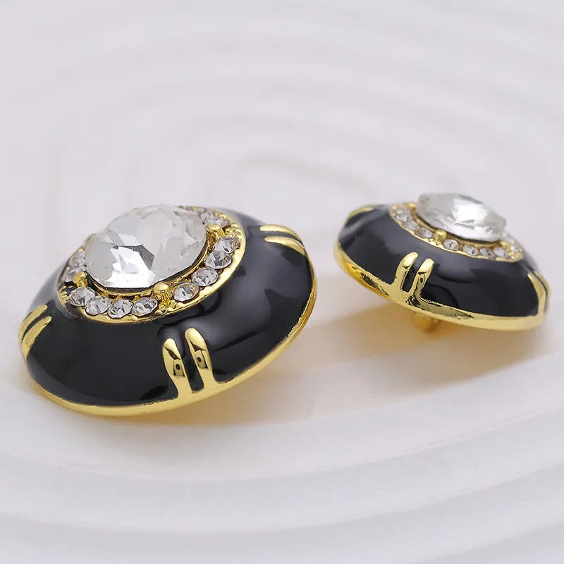 Black White Gold-Trimmed Diamond Metal Epoxy Sewing Button 6pcs