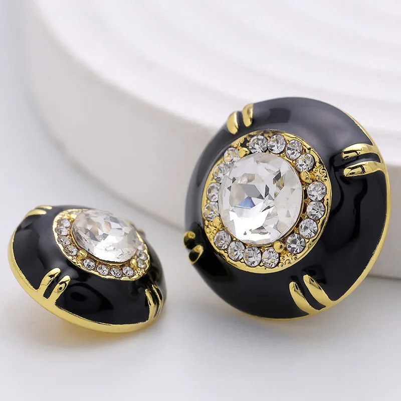Black White Gold-Trimmed Diamond Metal Epoxy Sewing Button 6pcs