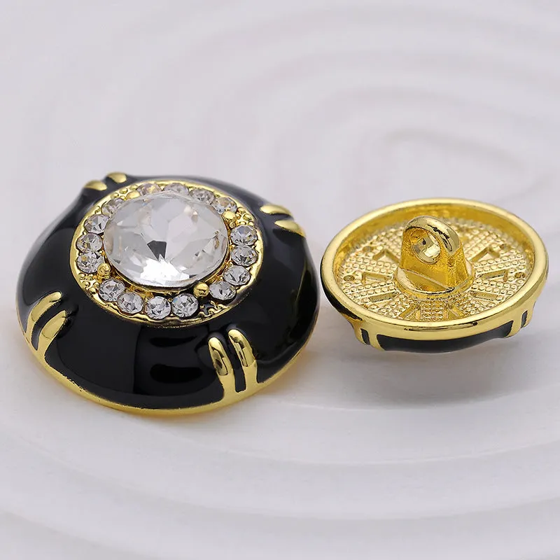 Black White Gold-Trimmed Diamond Metal Epoxy Sewing Button 6pcs