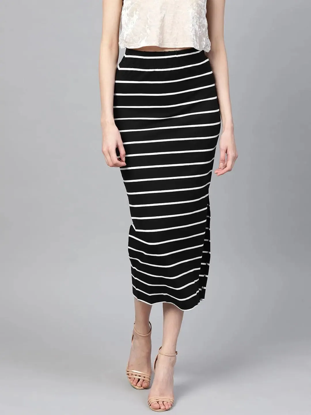 Black White Stripe Maxi Pencil Skirt