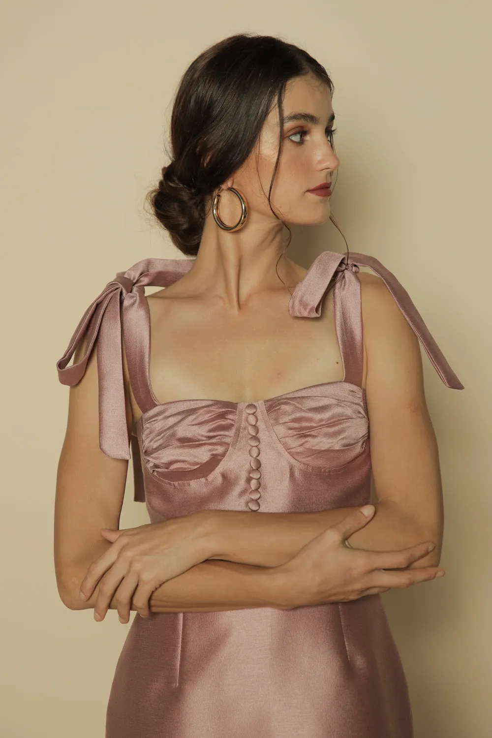 BLAISE Tie on Shoulder Midi Dress with Covered Buttons and Pencil Skirt (Dark Old Rose Gazaar)