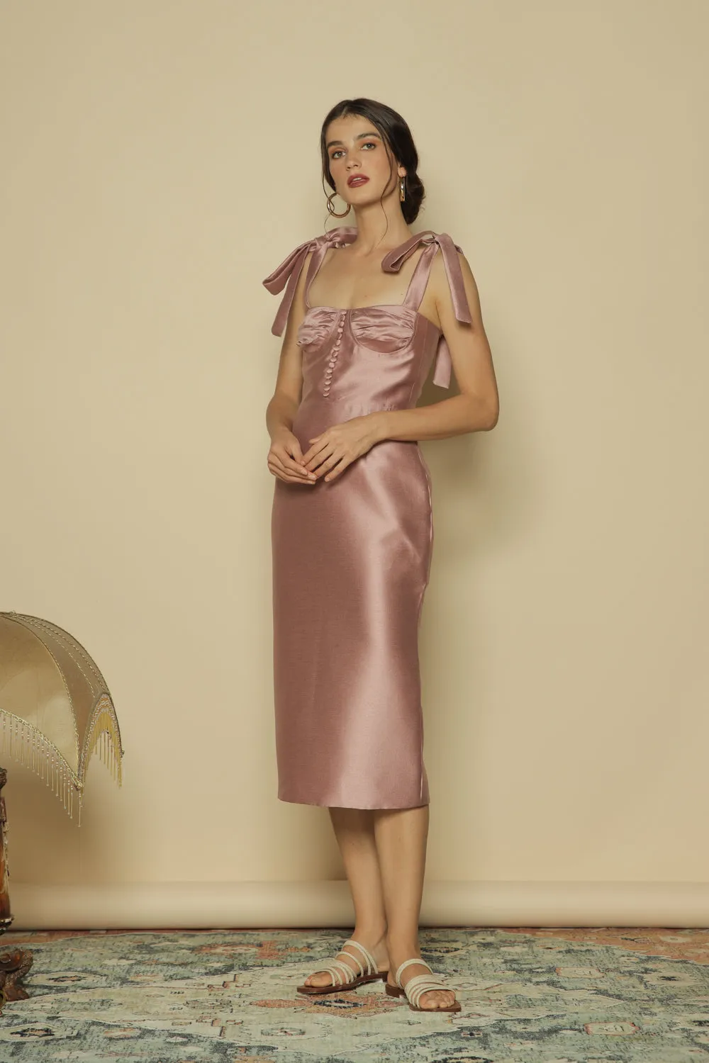 BLAISE Tie on Shoulder Midi Dress with Covered Buttons and Pencil Skirt (Dark Old Rose Gazaar)