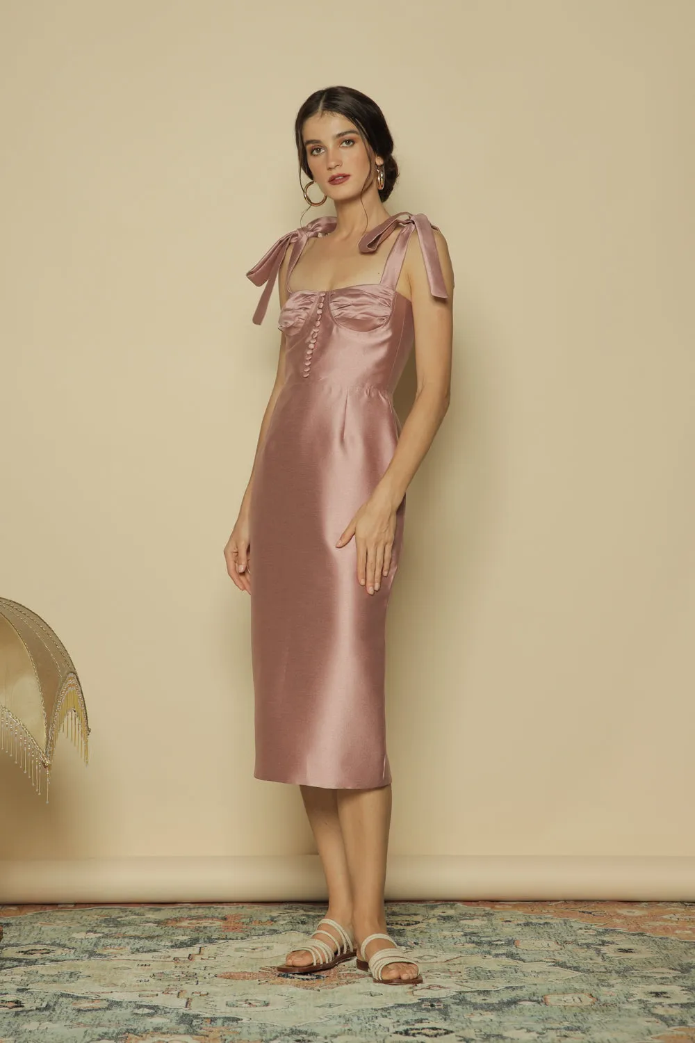 BLAISE Tie on Shoulder Midi Dress with Covered Buttons and Pencil Skirt (Dark Old Rose Gazaar)