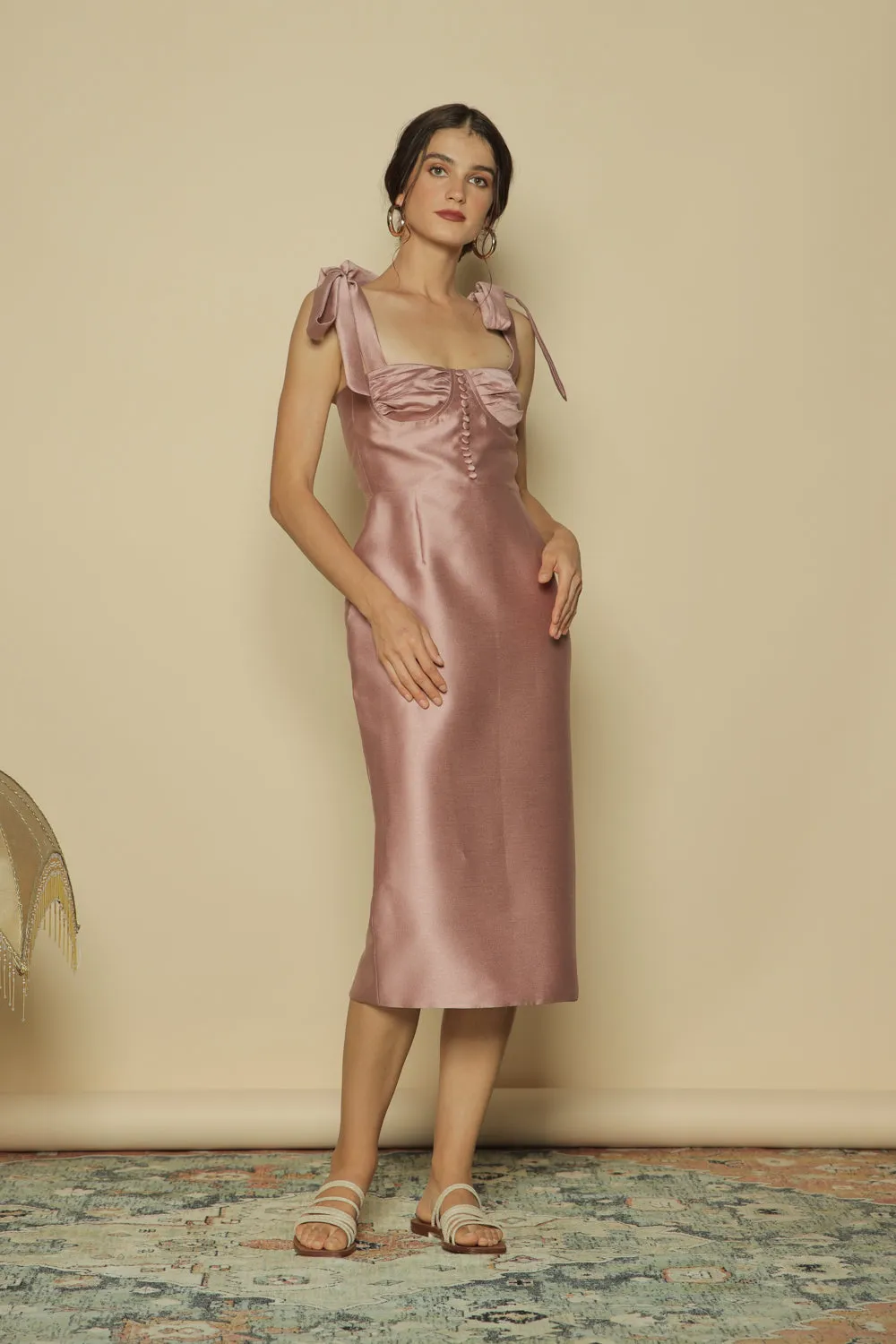 BLAISE Tie on Shoulder Midi Dress with Covered Buttons and Pencil Skirt (Dark Old Rose Gazaar)