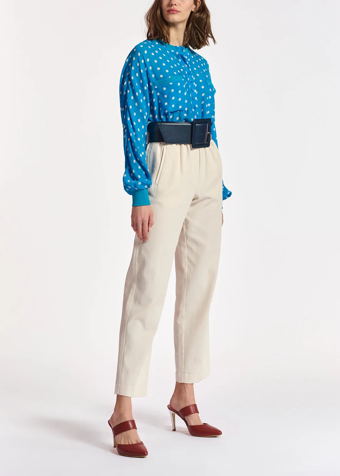 Blue and white polka-dot loose-fit top