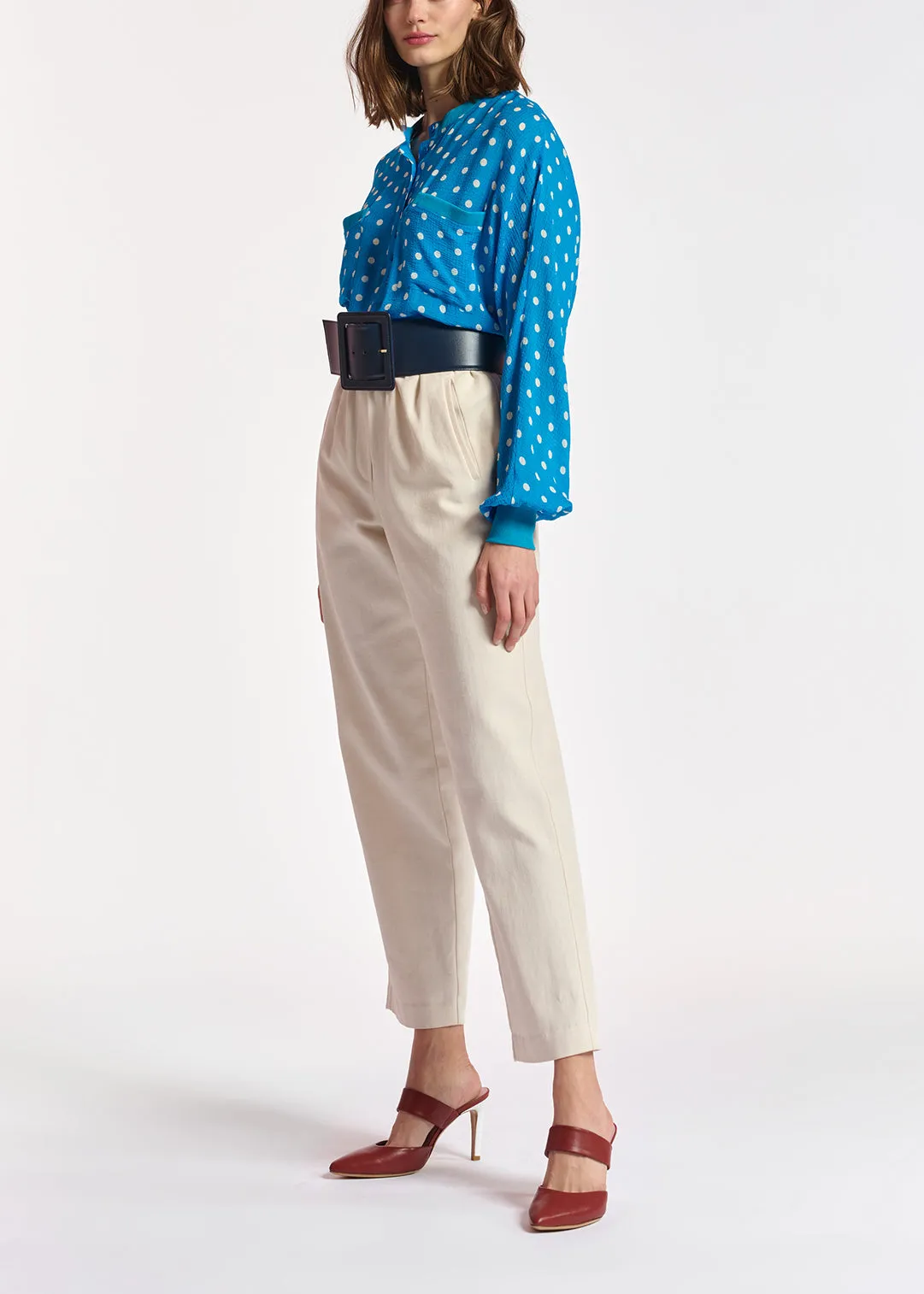 Blue and white polka-dot loose-fit top