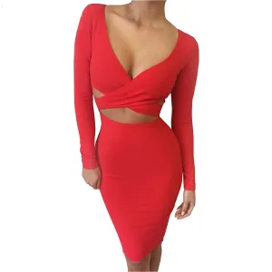 Blue Black White Long Sleeve Elastic Cotton Warm Winter Elegant Party Dresses Midi Pencil Club Bandage Bodycon Dress