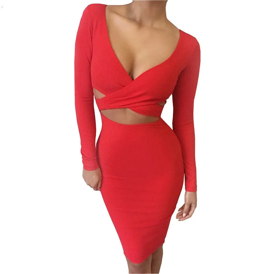 Blue Black White Long Sleeve Elastic Cotton Warm Winter Elegant Party Dresses Midi Pencil Club Bandage Bodycon Dress