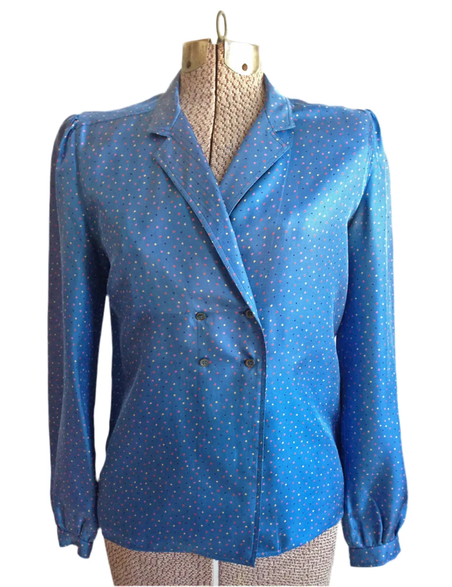 Blue Silk Blouse Double Breasted Dot