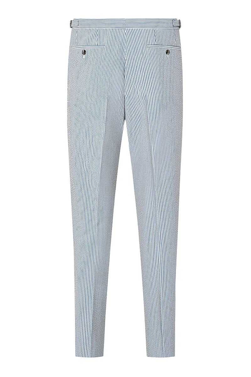 Blue Stripe Single Pleat Seersucker Trousers