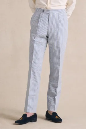 Blue Stripe Single Pleat Seersucker Trousers