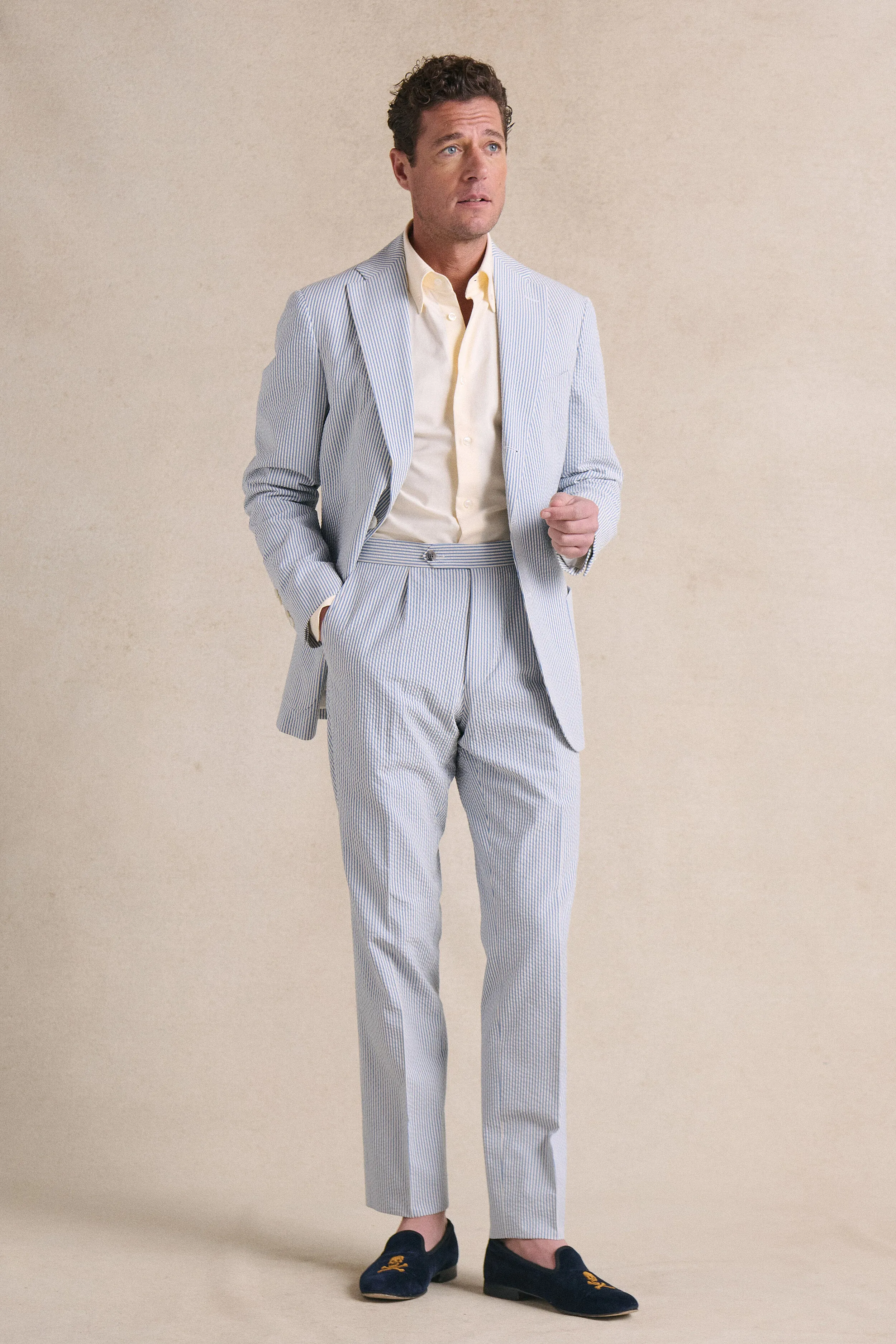 Blue Stripe Single Pleat Seersucker Trousers