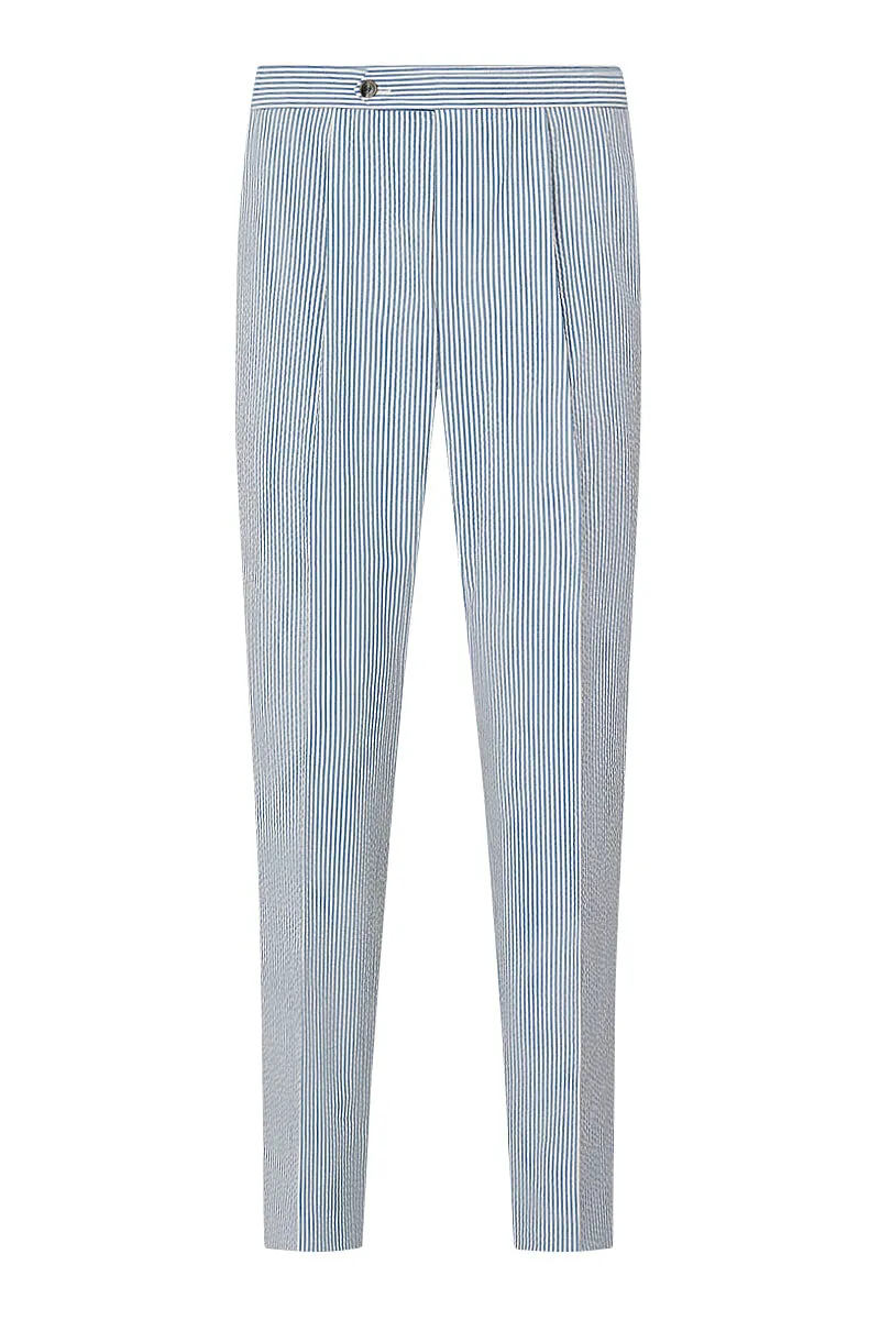 Blue Stripe Single Pleat Seersucker Trousers