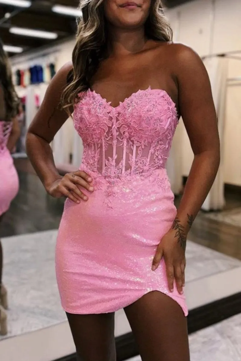 Bodycon Sparkly Sequin Strapless Short Homecoming Dresses with Split